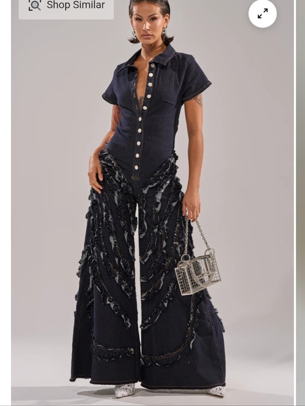 Button-Front Black Denim Wide-Leg Jumpsuit Sz 1x Or Xl